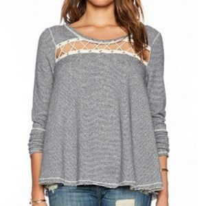 Free People Blue Cream Lace Stripe Sweater XS